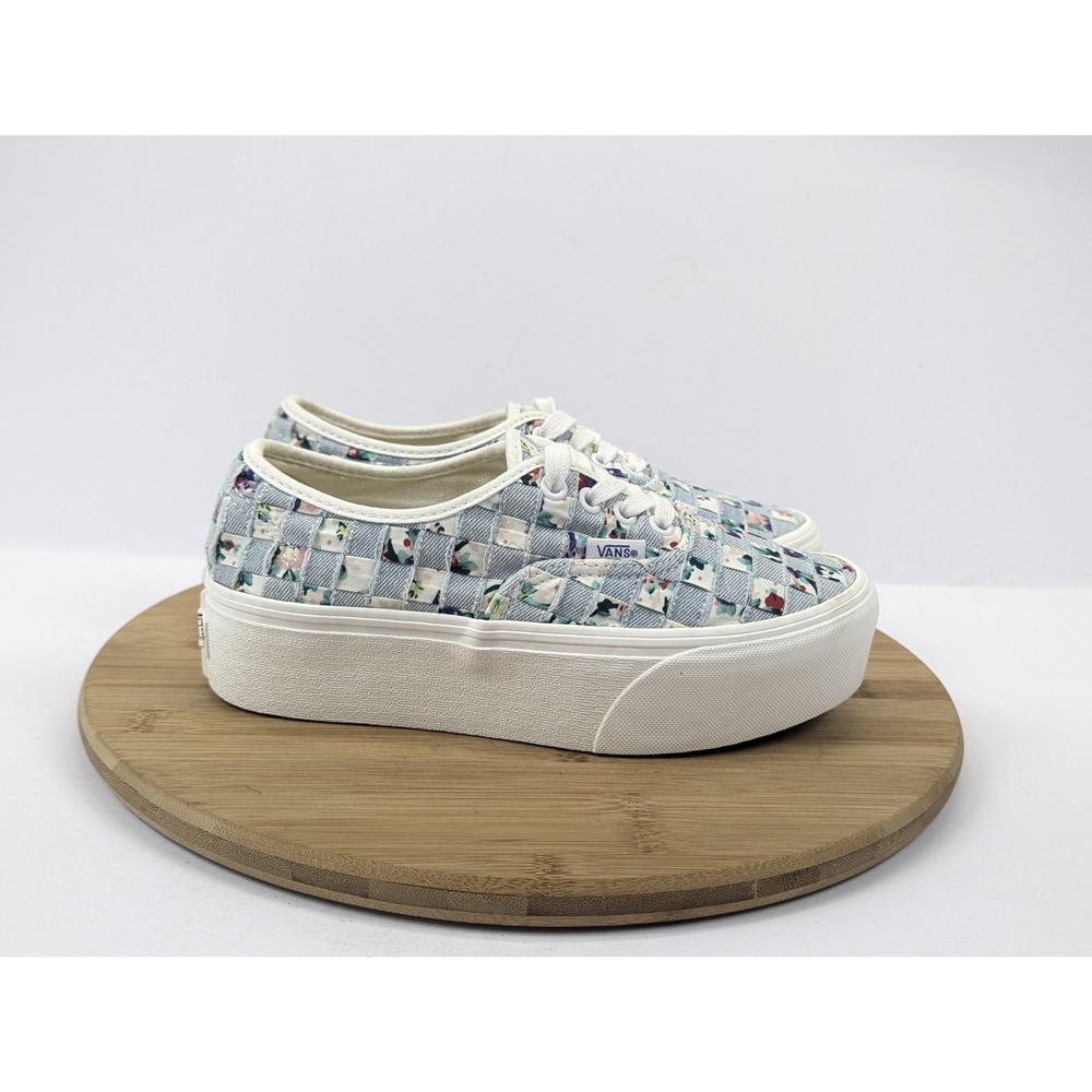 Vans Stacked Era Platform Shoes Womans 6.5 Woven Checkered Floral Blue White - Picture 2 of 11